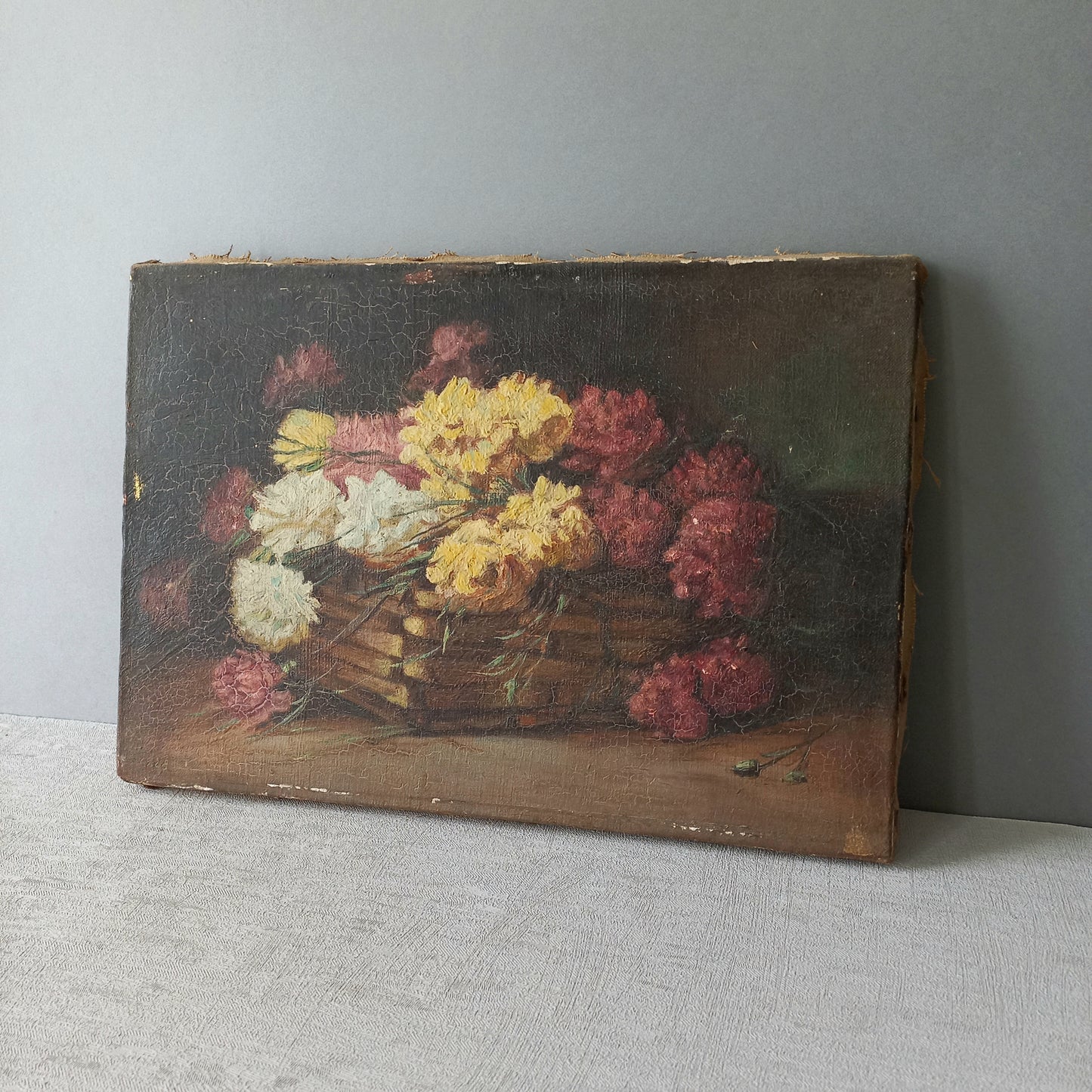 Petite peinture à l'huile florale ancienne française sur toile, art mural vintage 