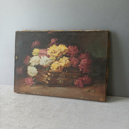 Small French antique floral oil painting on canvas, vintage wall art