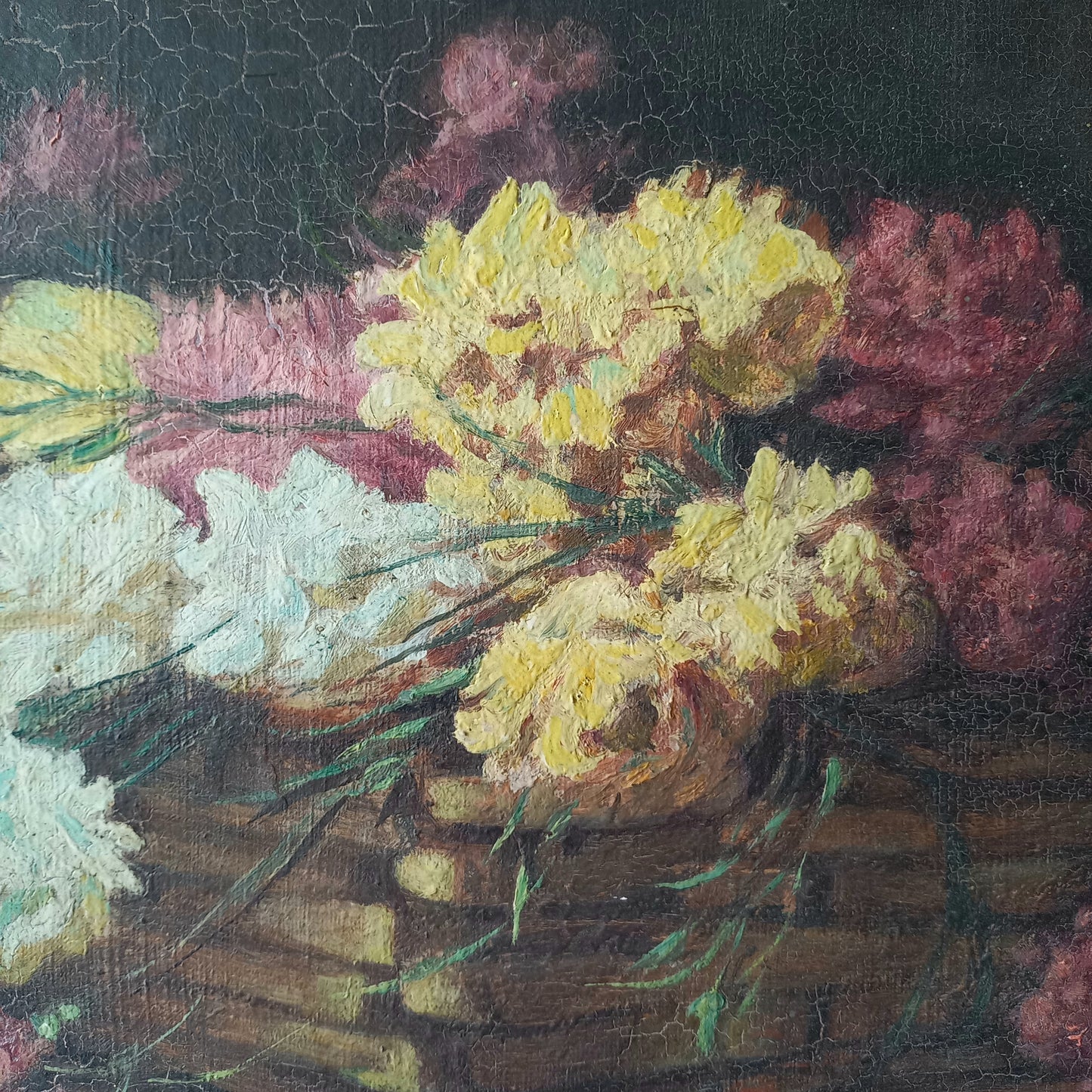 Small French antique floral oil painting on canvas, vintage wall art