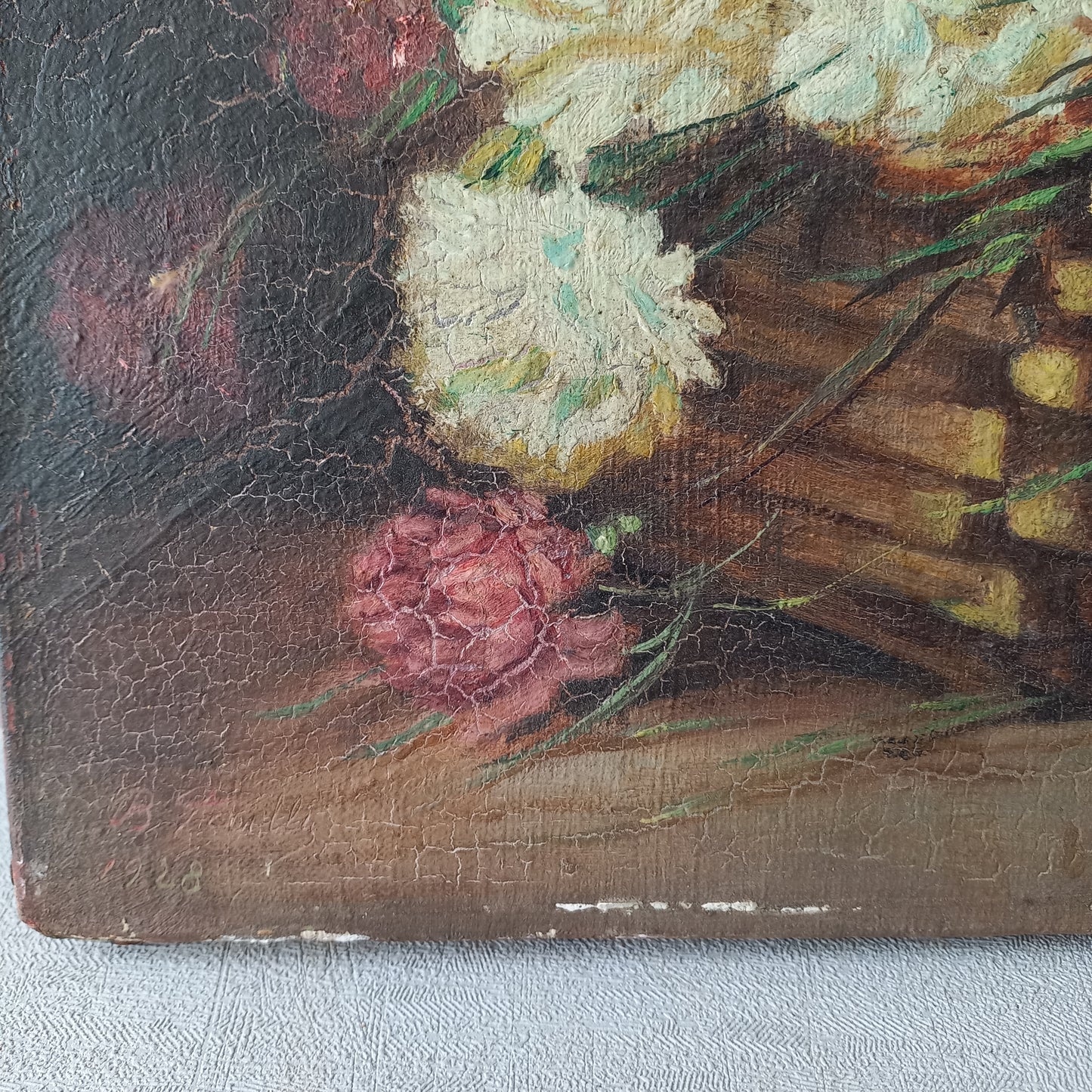 Small French antique floral oil painting on canvas, vintage wall art