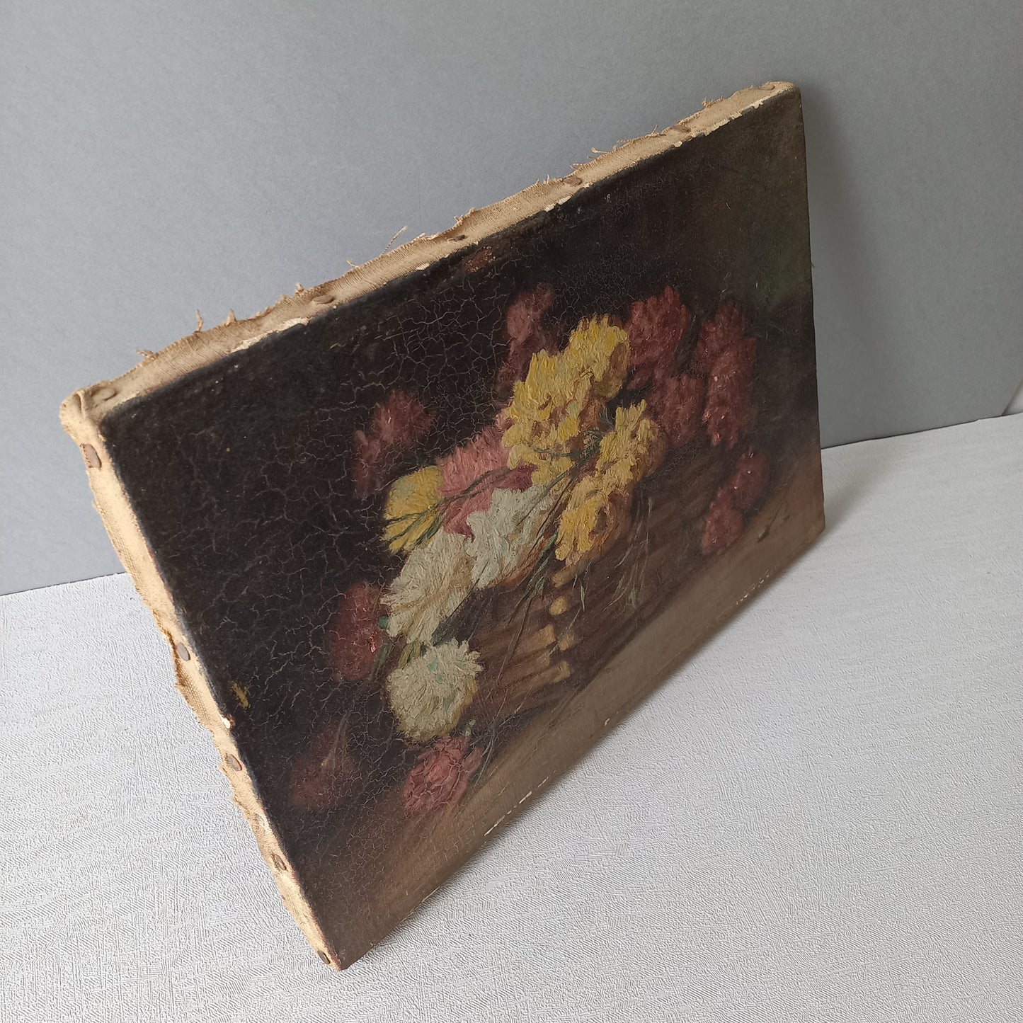 Small French antique floral oil painting on canvas, vintage wall art