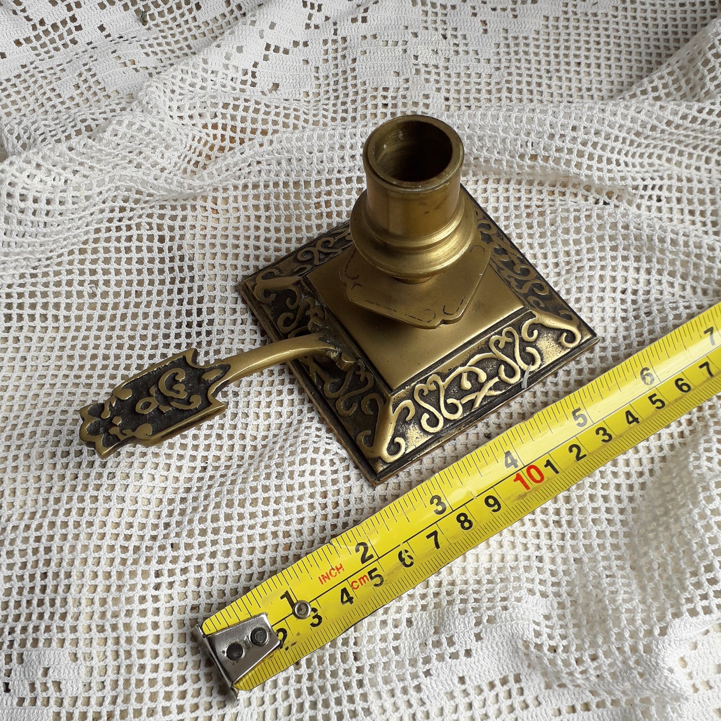 Decorative brass chamber stick for candle, small antique candle holder