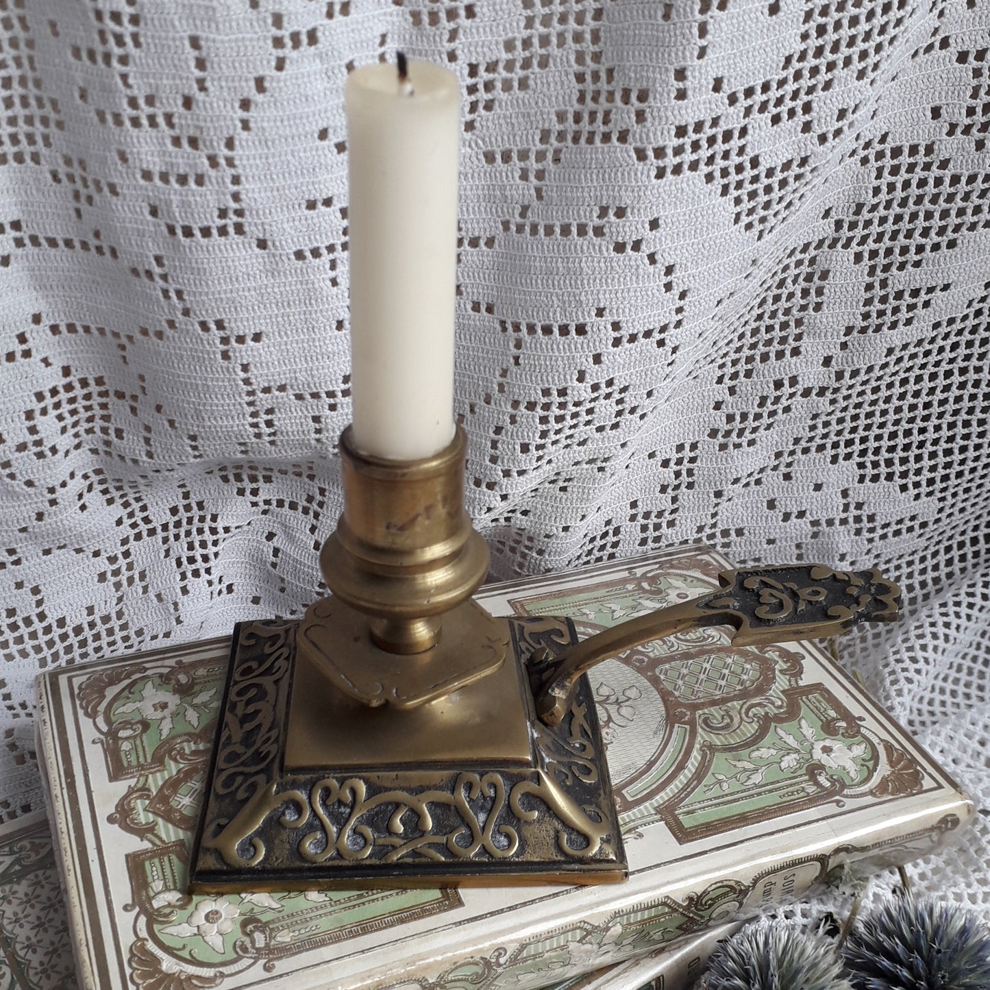 Decorative brass chamber stick for candle, small antique candle holder