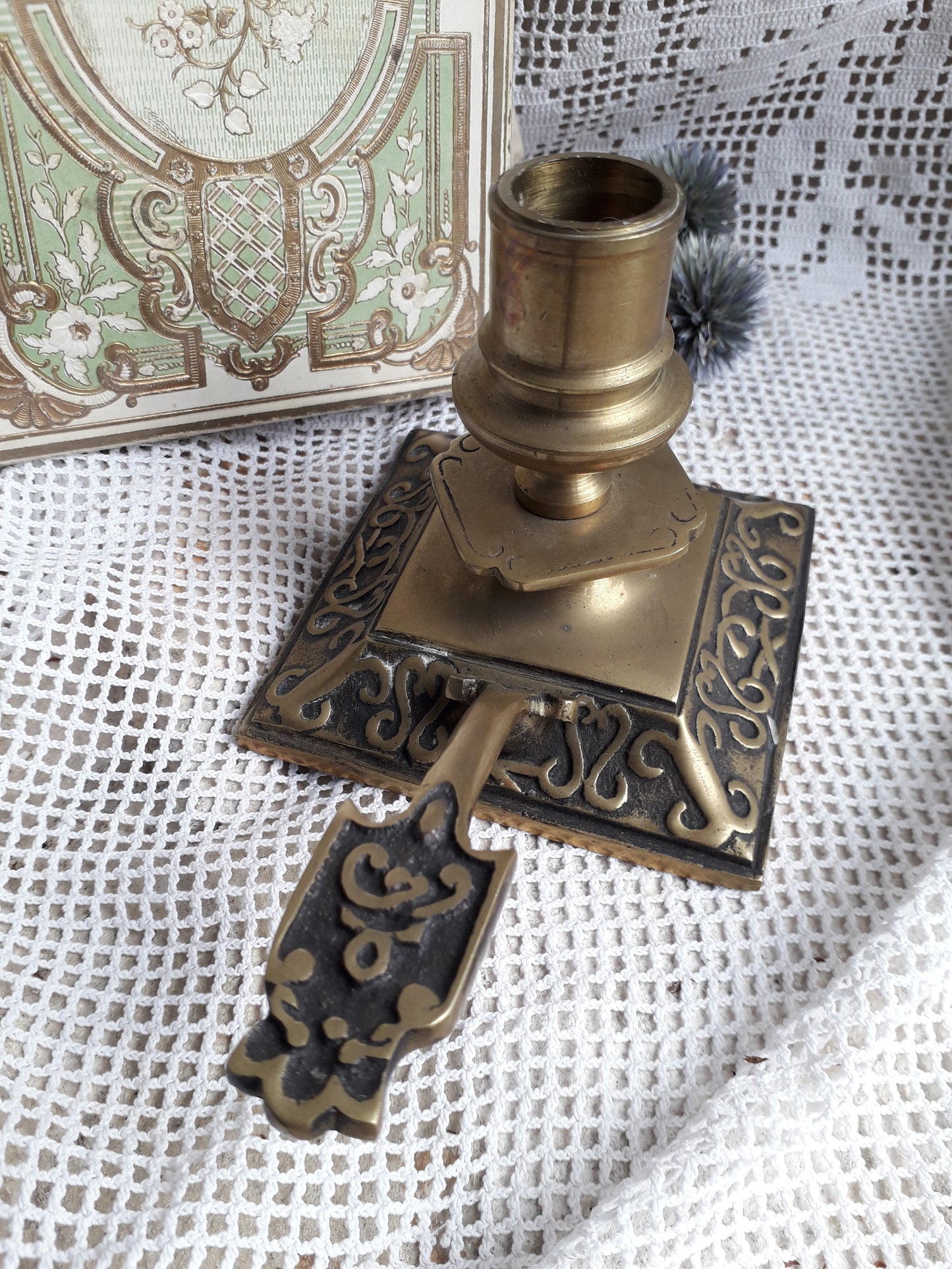 Decorative brass chamber stick for candle, small antique candle holder