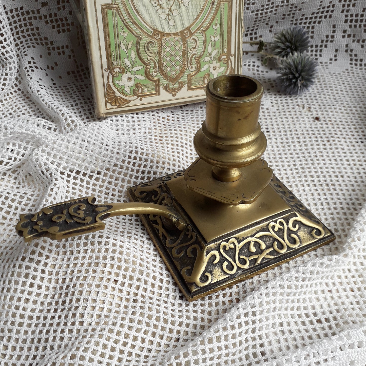 Decorative brass chamber stick for candle, small antique candle holder