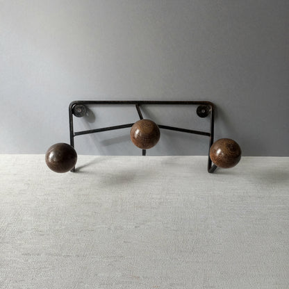 French vintage 3 peg coat rack, metal coat rack with 3 wooden balls