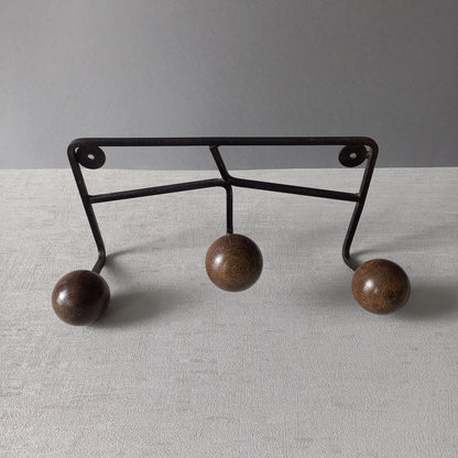 French vintage 3 peg coat rack, metal coat rack with 3 wooden balls