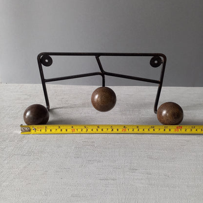 French vintage 3 peg coat rack, metal coat rack with 3 wooden balls