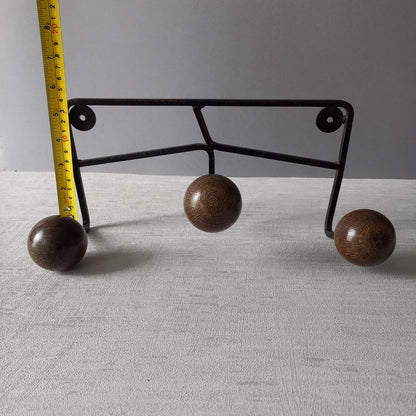 French vintage 3 peg coat rack, metal coat rack with 3 wooden balls