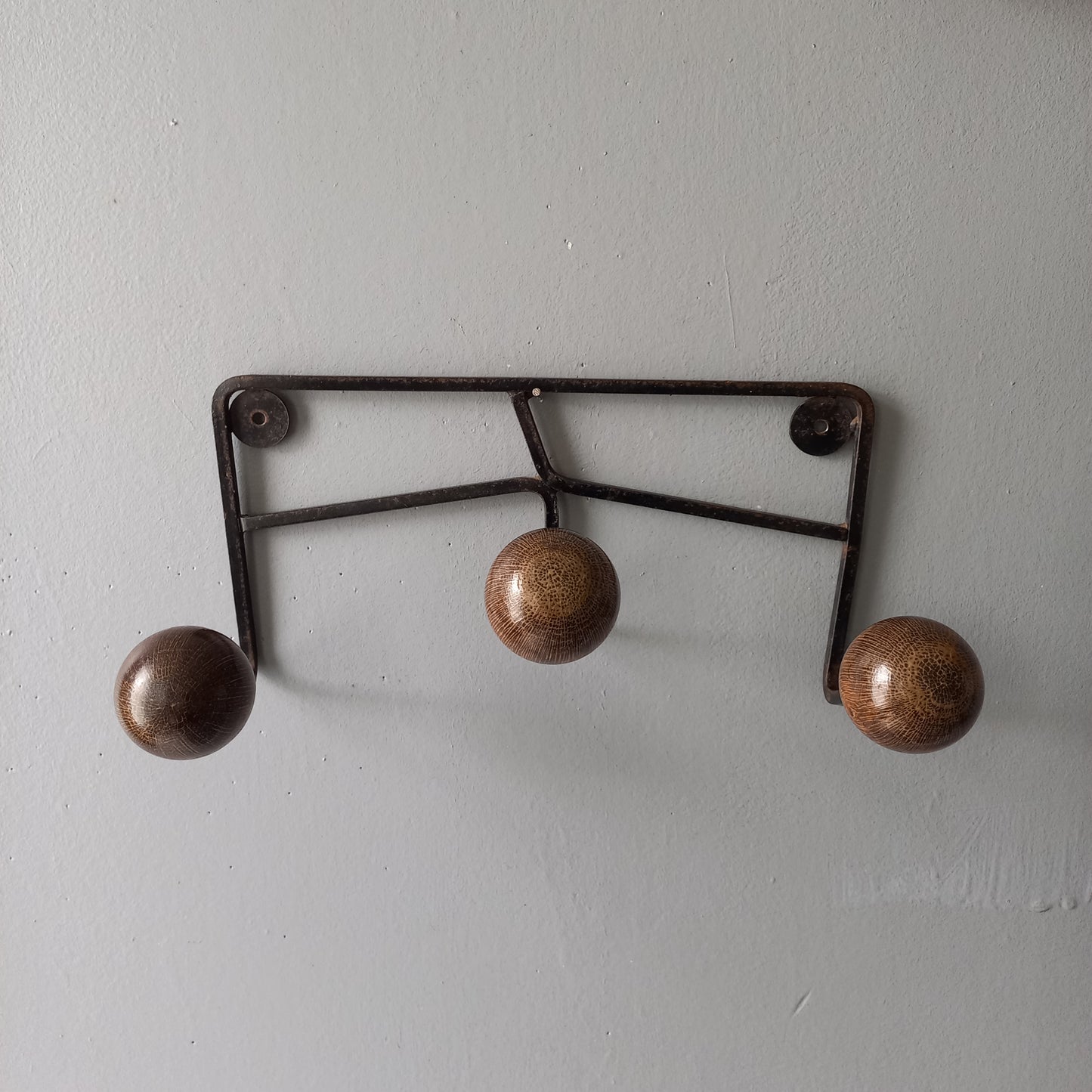 French vintage 3 peg coat rack, metal coat rack with 3 wooden balls