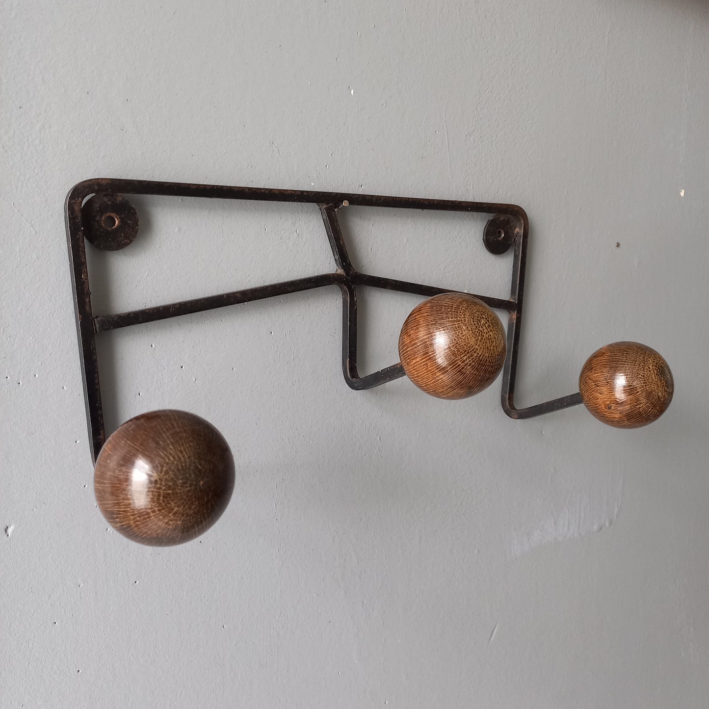 French vintage 3 peg coat rack, metal coat rack with 3 wooden balls