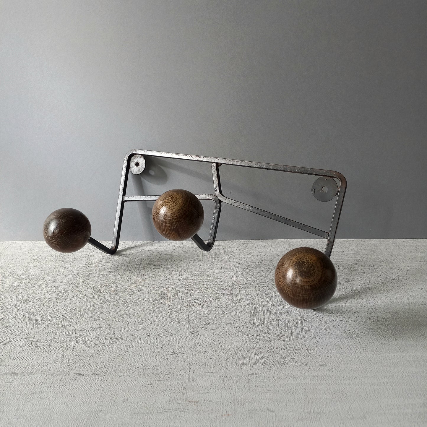 French vintage 3 peg coat rack, metal coat rack with 3 wooden balls