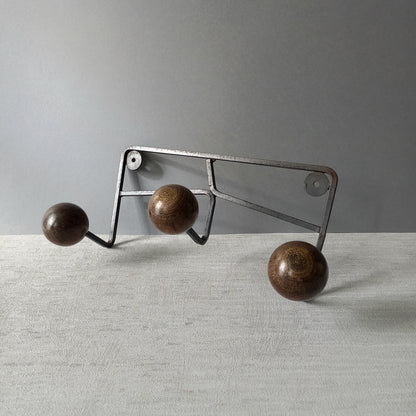 French vintage 3 peg coat rack, metal coat rack with 3 wooden balls