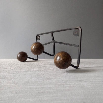 French vintage 3 peg coat rack, metal coat rack with 3 wooden balls