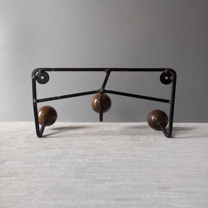 French vintage 3 peg coat rack, metal coat rack with 3 wooden balls