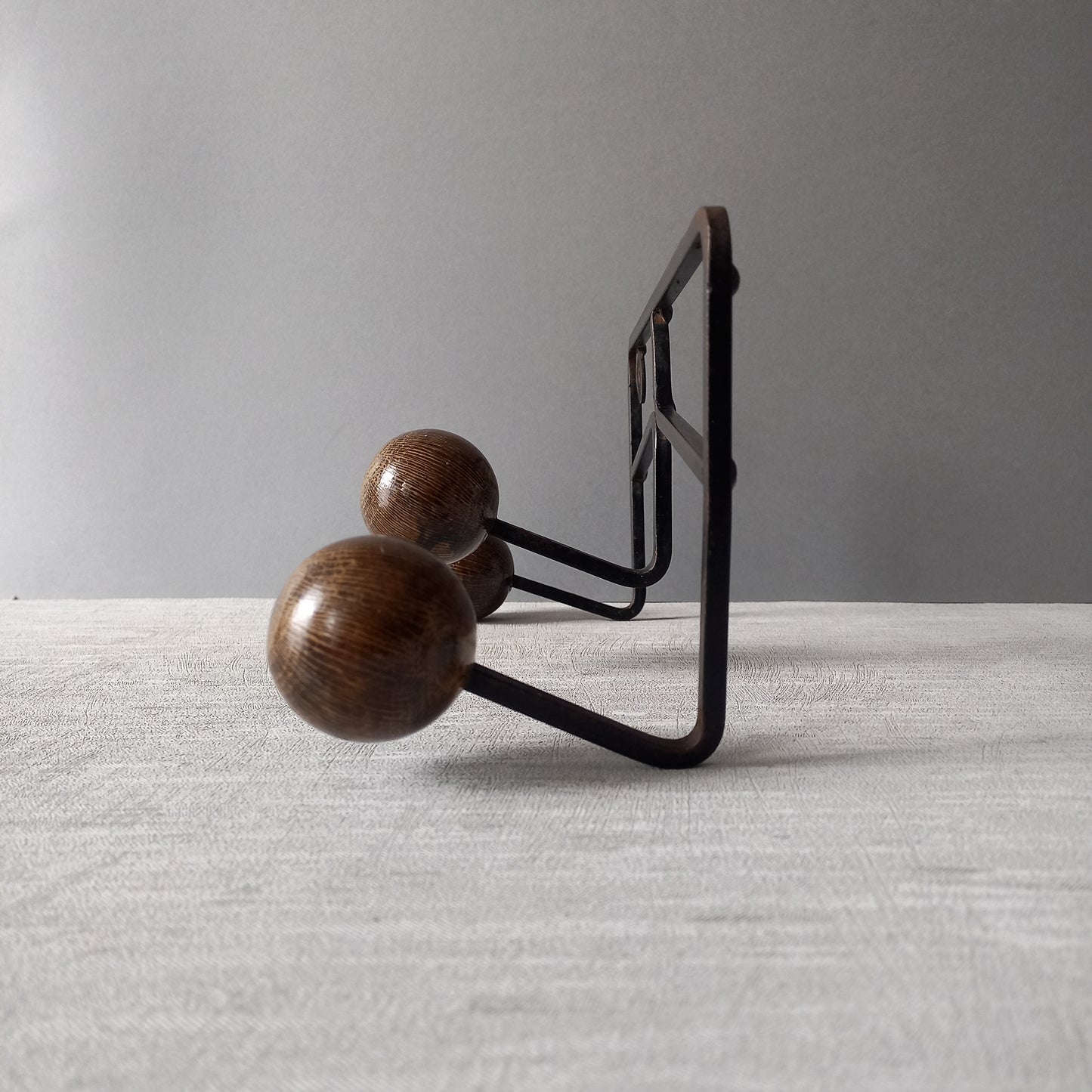 French vintage 3 peg coat rack, metal coat rack with 3 wooden balls