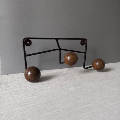 French vintage 3 peg coat rack, metal coat rack with 3 wooden balls