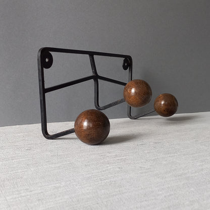 French vintage 3 peg coat rack, metal coat rack with 3 wooden balls