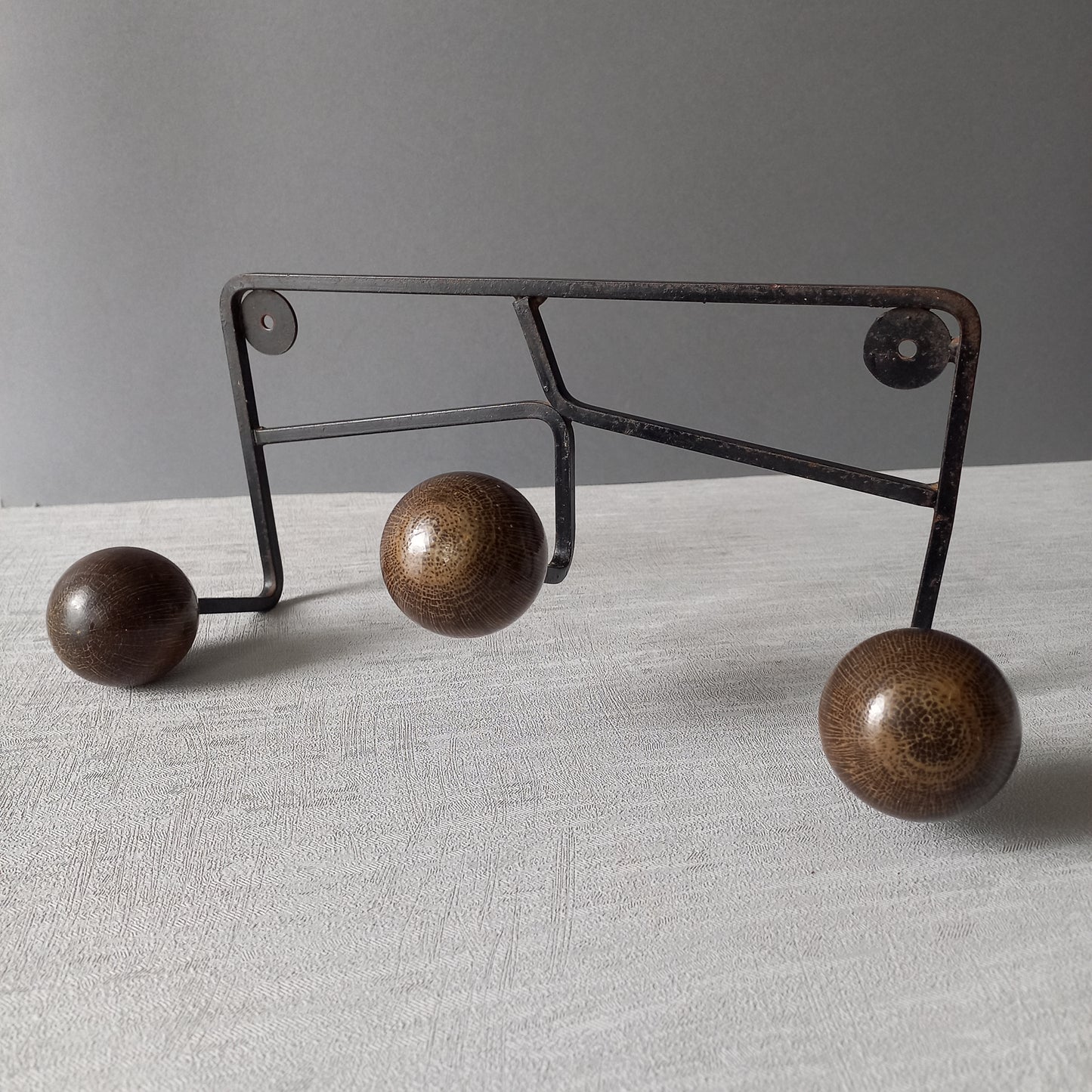 French vintage 3 peg coat rack, metal coat rack with 3 wooden balls