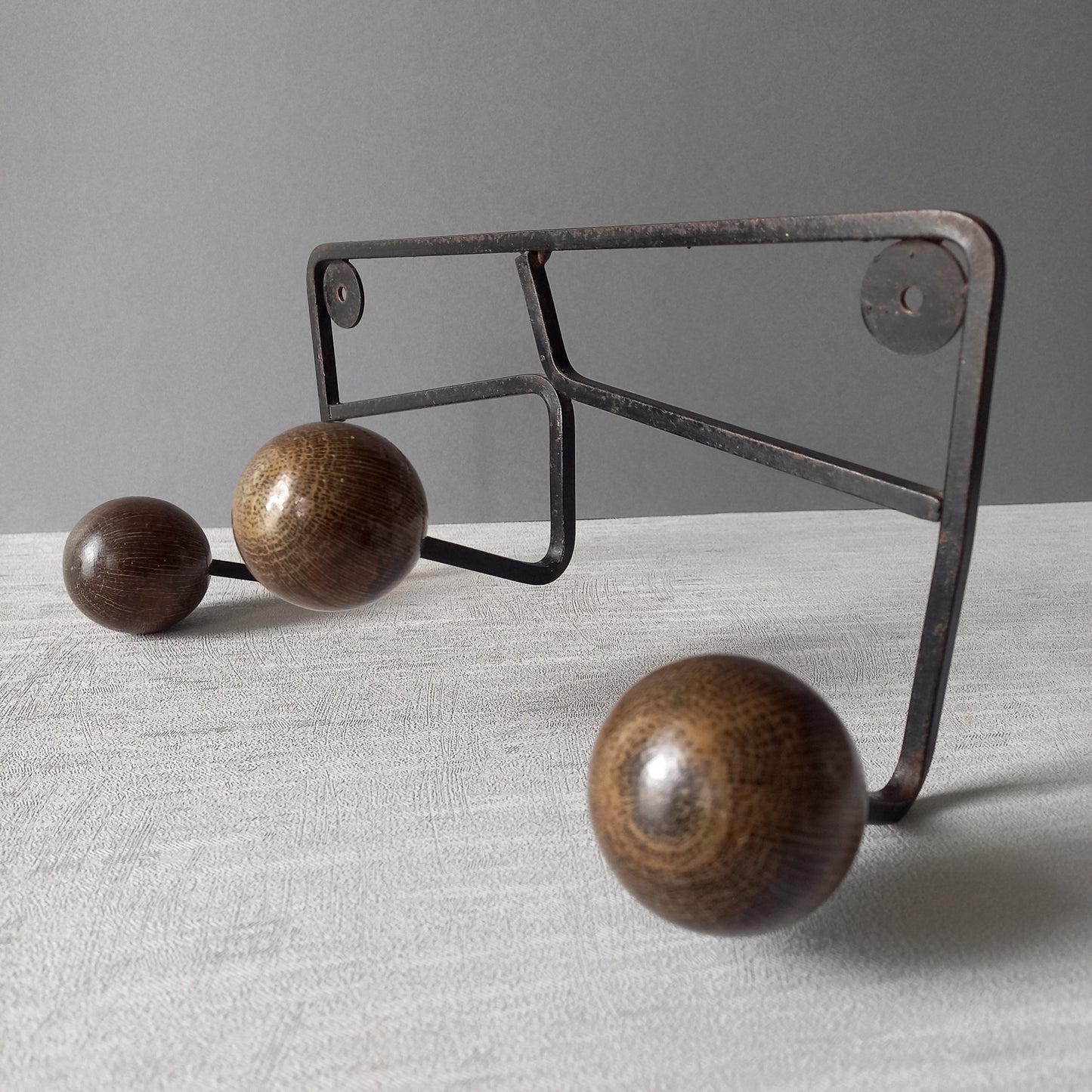 French vintage 3 peg coat rack, metal coat rack with 3 wooden balls