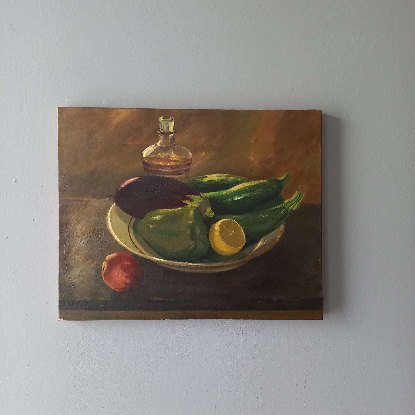 Nature morte vintage française à l'huile sur toile de légumes signée par l'artiste