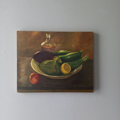 French vintage still life oil painting of vegetables on canvas signed by artist