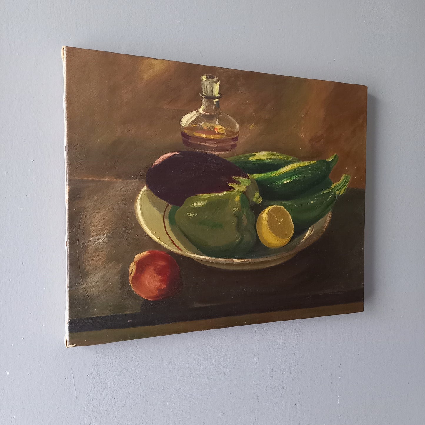 Nature morte vintage française à l'huile sur toile de légumes signée par l'artiste