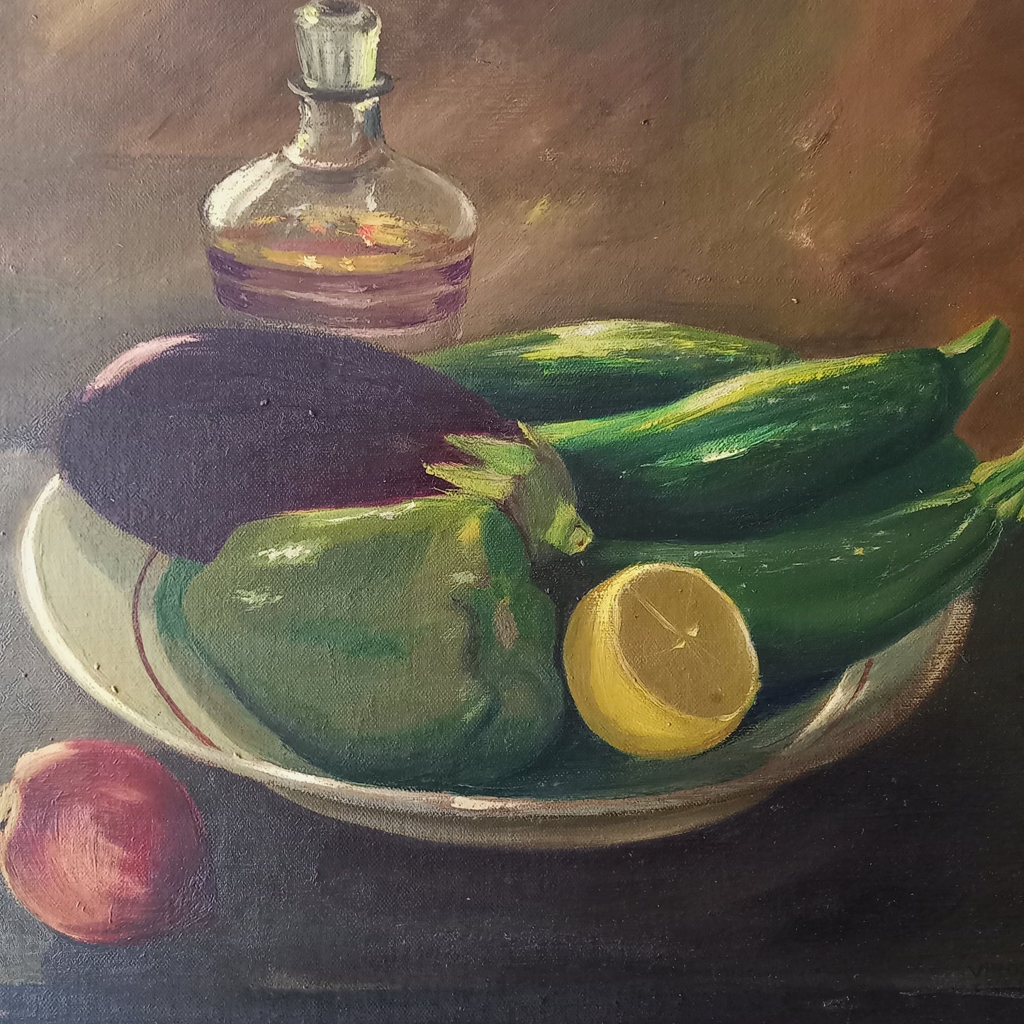 Nature morte vintage française à l'huile sur toile de légumes signée par l'artiste