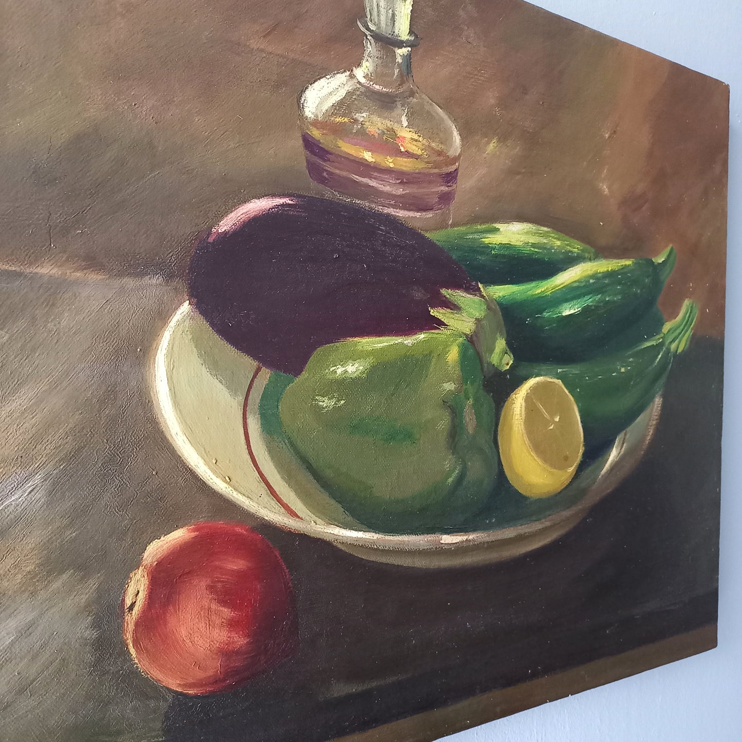 Nature morte vintage française à l'huile sur toile de légumes signée par l'artiste