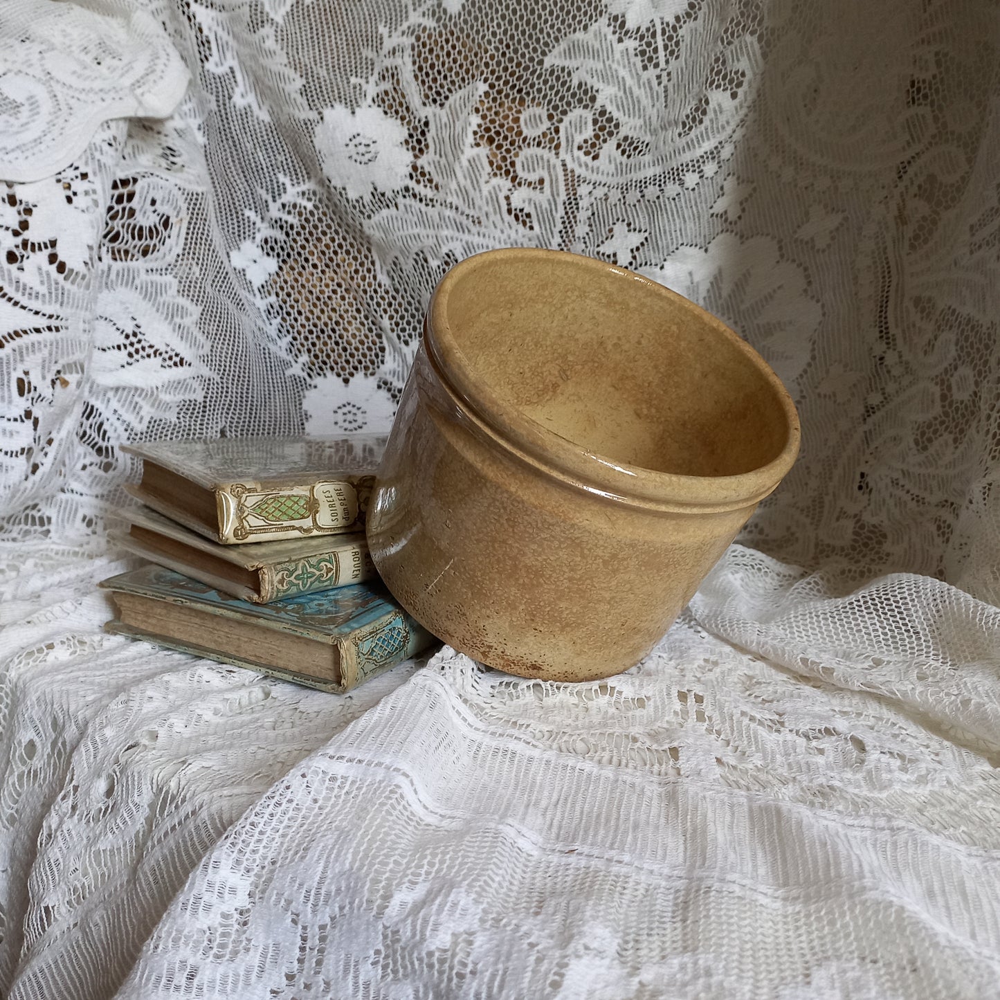 Ironstone crock pot with tea-stained and time-worn finish from France, antique crock pot