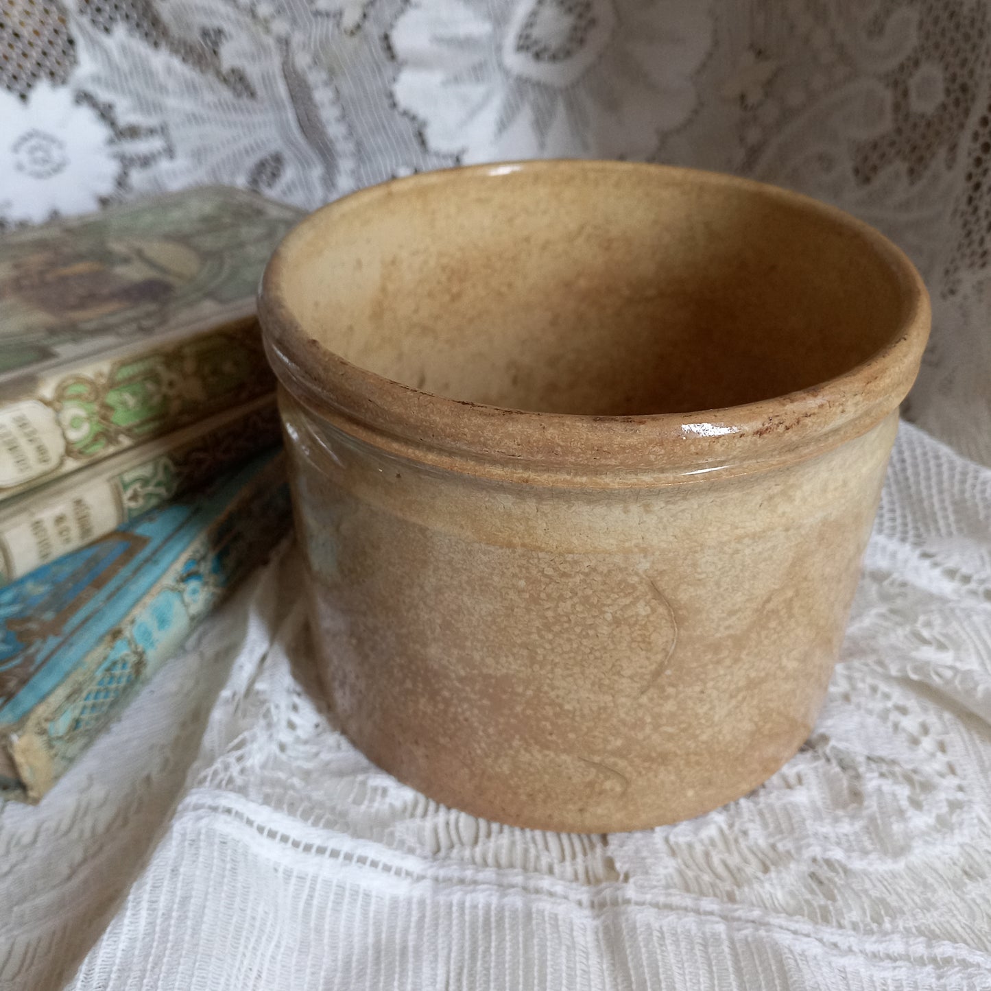 Ironstone crock pot with tea-stained and time-worn finish from France, antique crock pot