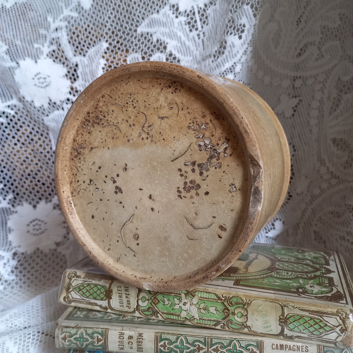 Ironstone crock pot with tea-stained and time-worn finish from France, antique crock pot