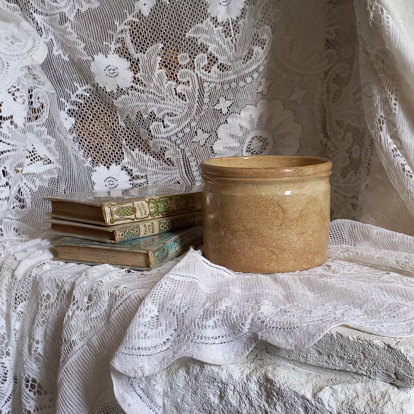 Ironstone crock pot with tea-stained and time-worn finish from France, antique crock pot