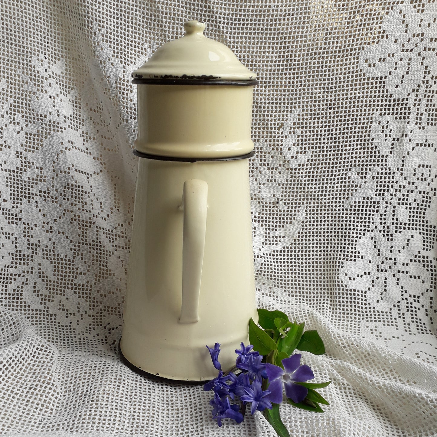 French vintage enamel coffee pot in cream colour, rustic kitchenware, French country kitchen