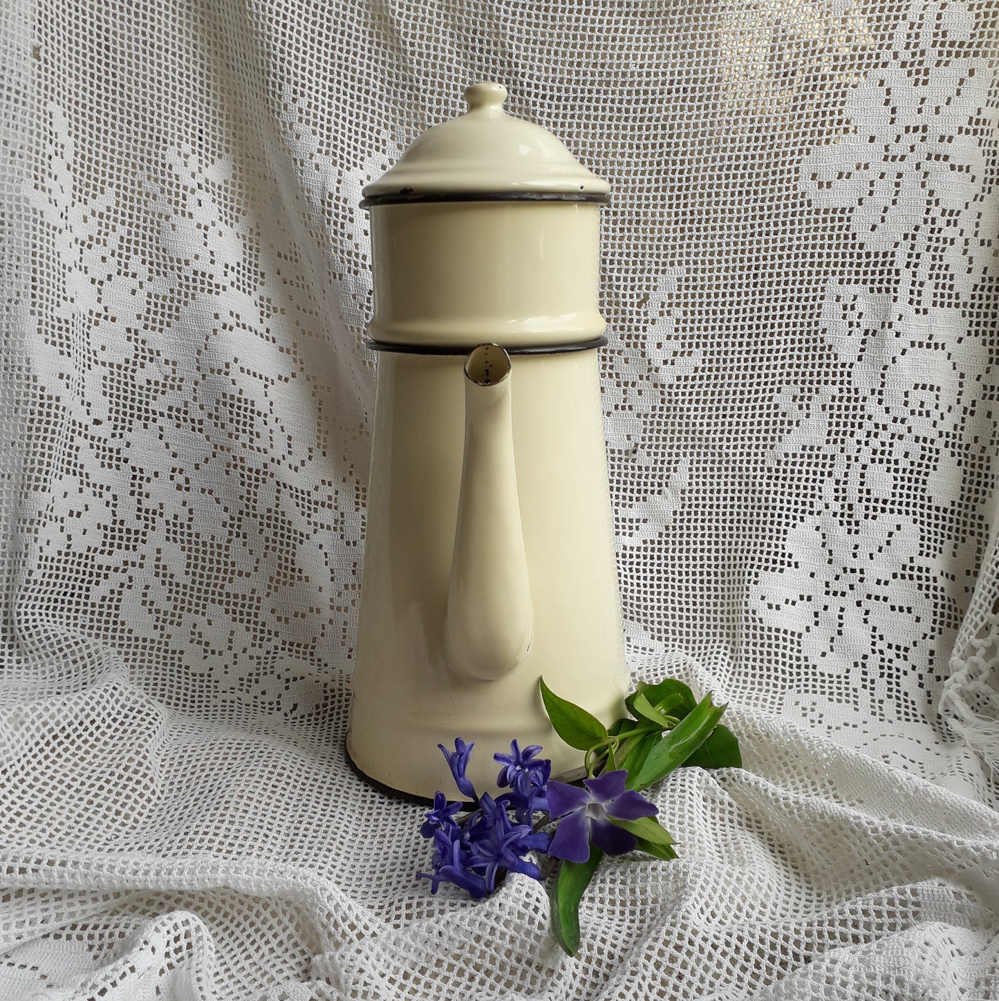 French vintage enamel coffee pot in cream colour, rustic kitchenware, French country kitchen