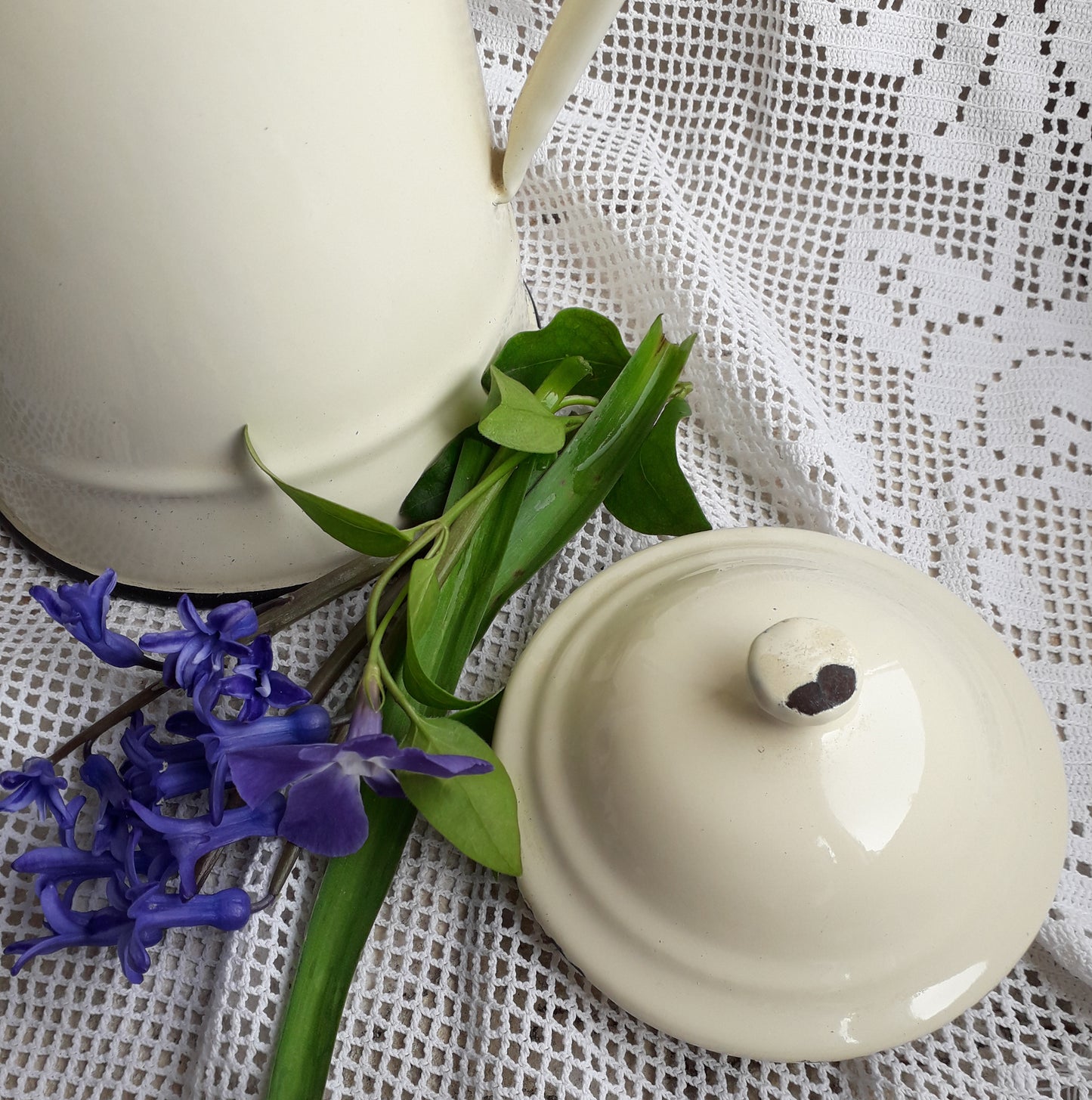 French vintage enamel coffee pot in cream colour, rustic kitchenware, French country kitchen