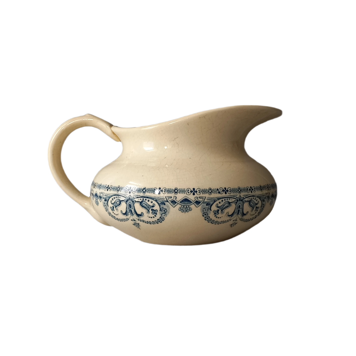 French antique ironstone jug or pitcher, white jug with blue transfer pattern, bathroom decor