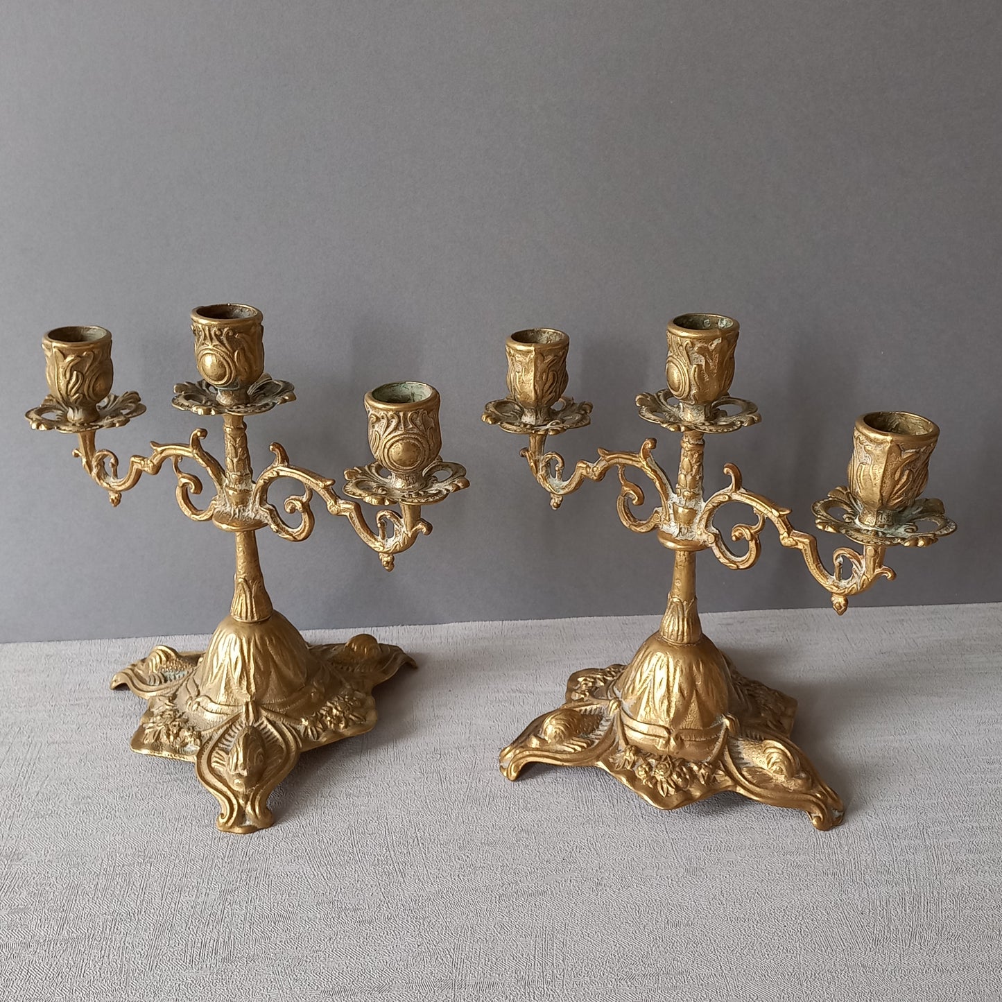 Vintage brass/bronze candle holders, pair of french candelabras