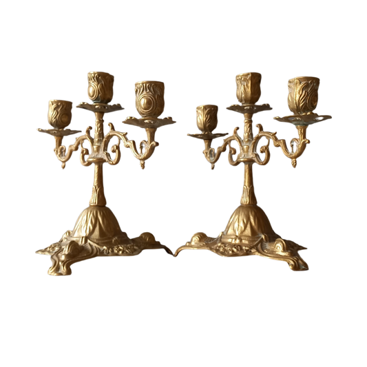 Bougeoirs vintage en laiton/bronze, paire de candélabres français