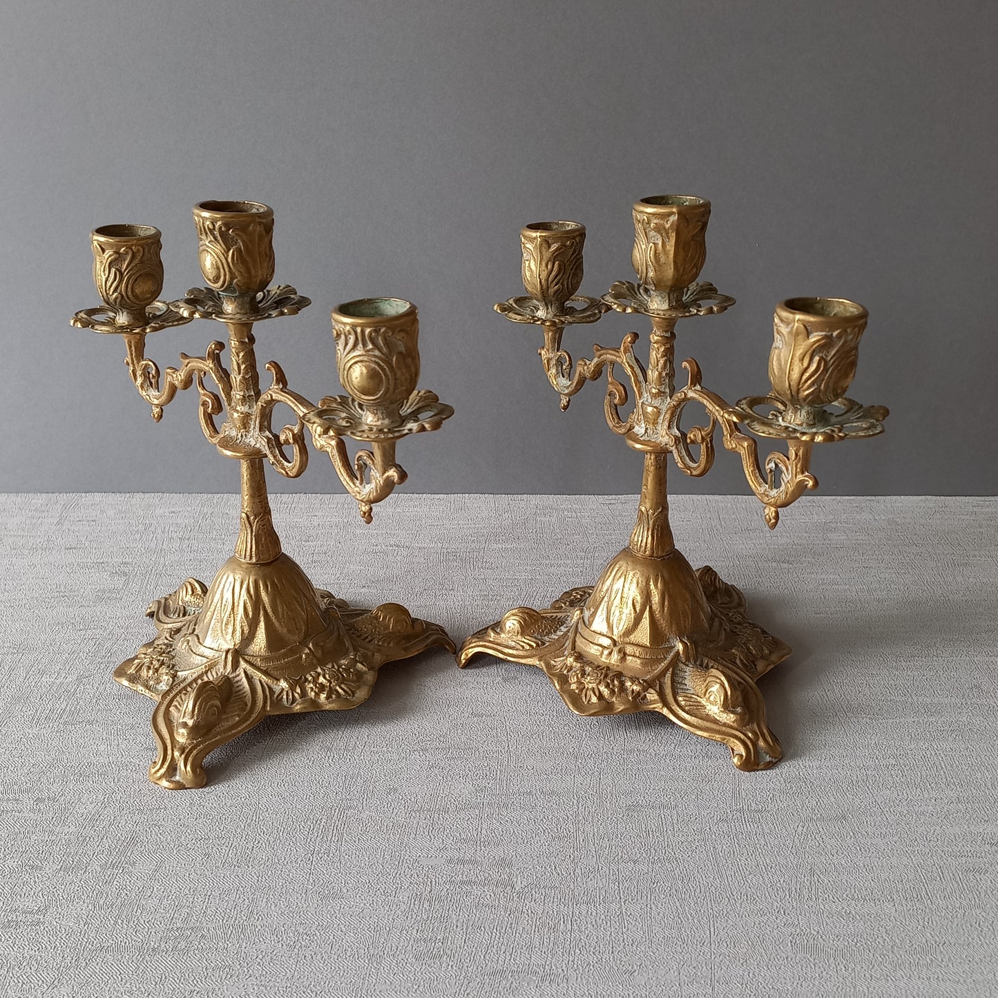 Vintage brass/bronze candle holders, pair of french candelabras