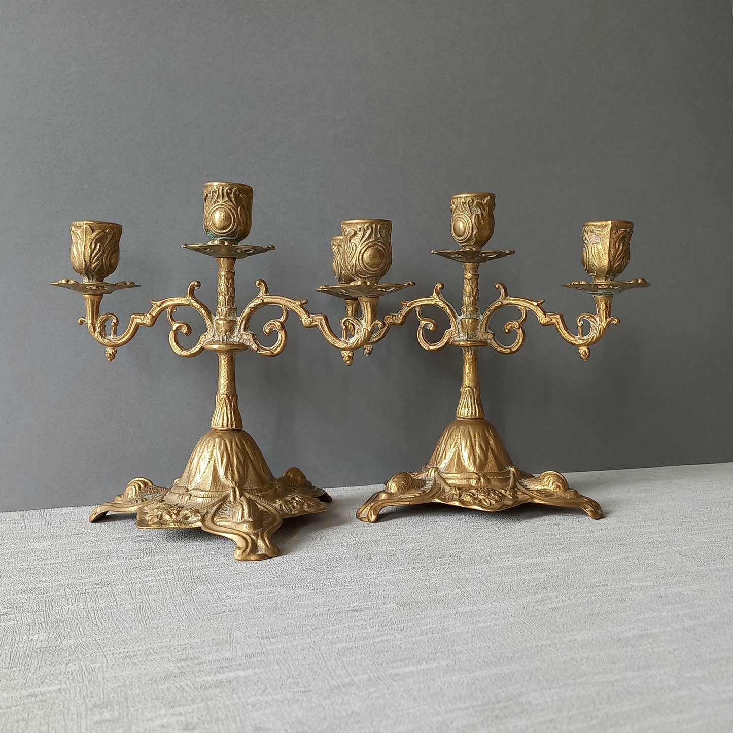 Vintage brass/bronze candle holders, pair of french candelabras