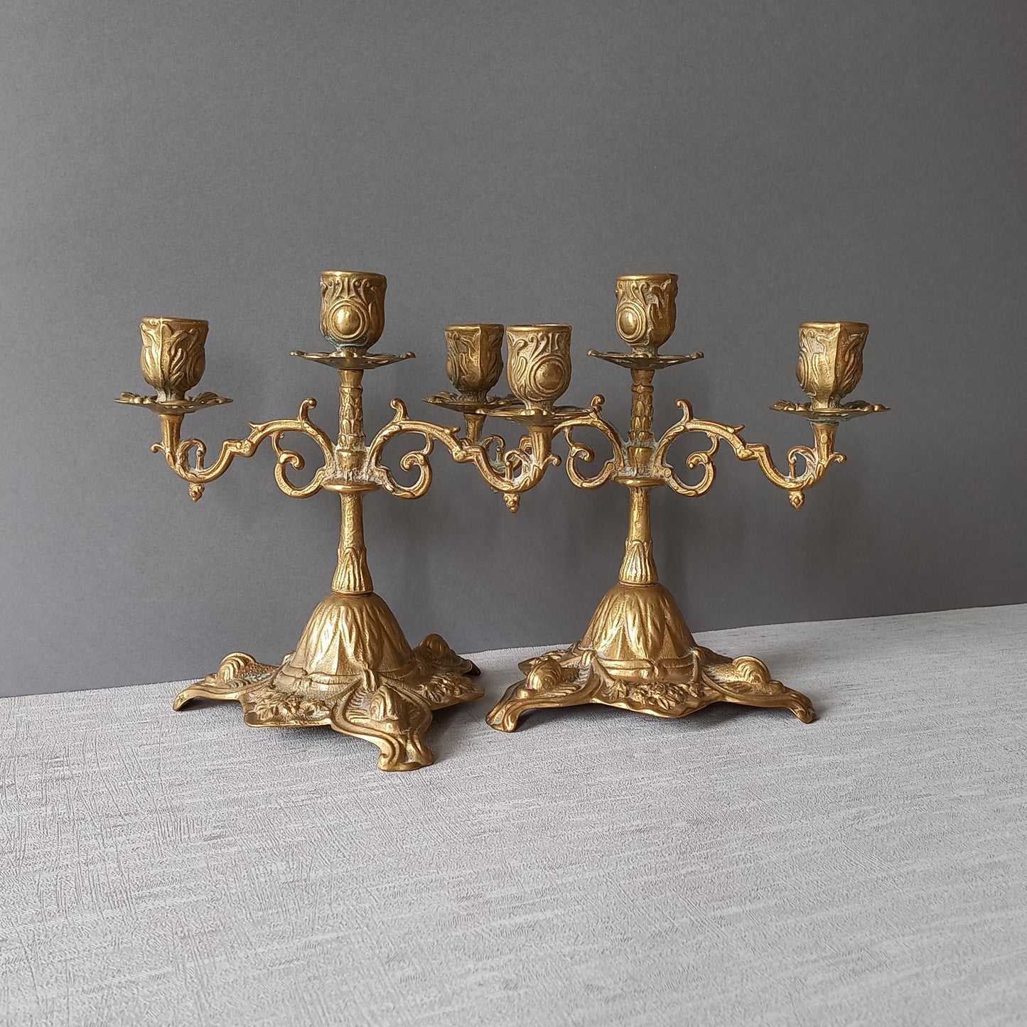 Vintage brass/bronze candle holders, pair of french candelabras