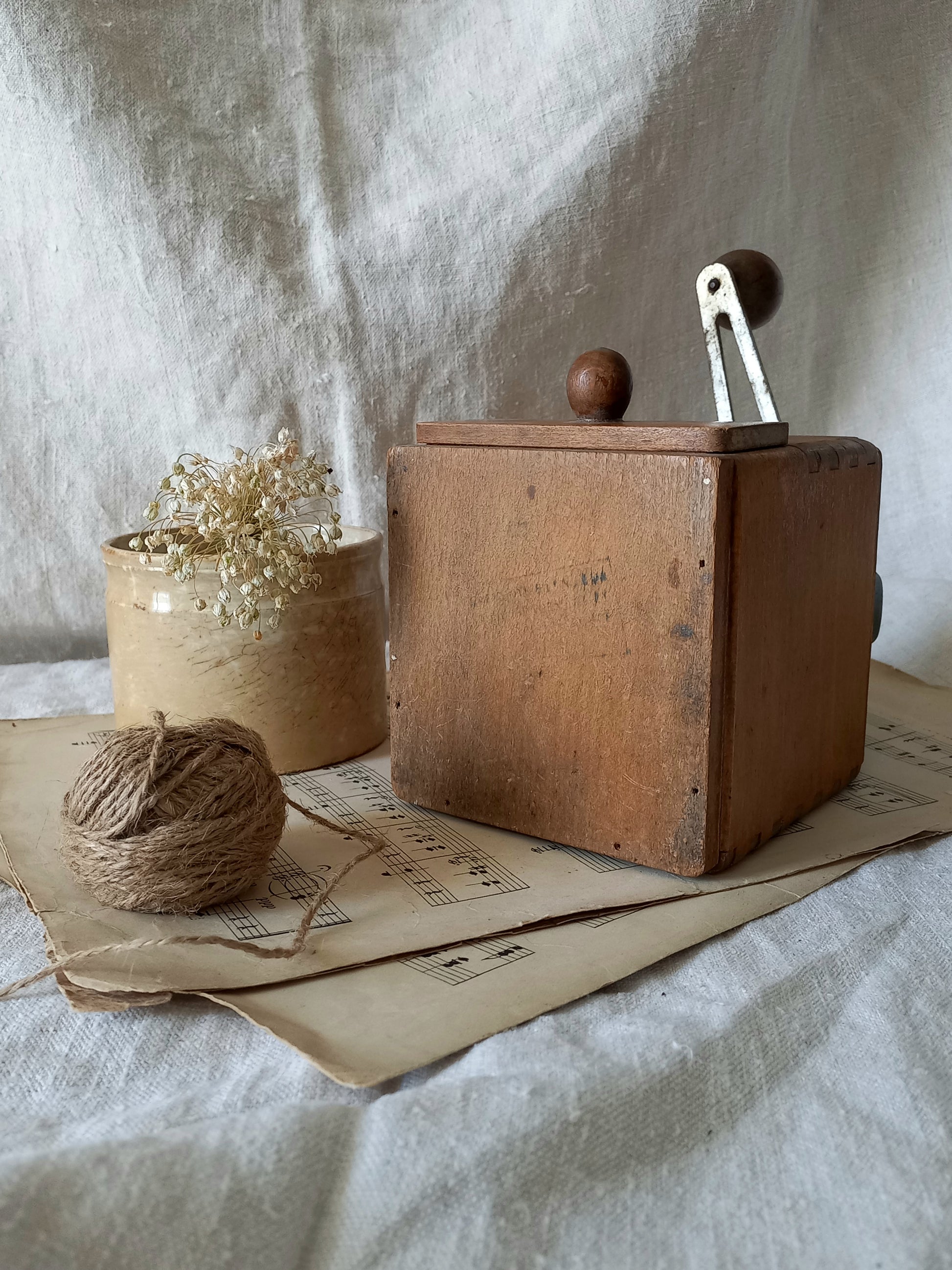 Vintage wooden box with a spool of twine and a small plant on a textured surface