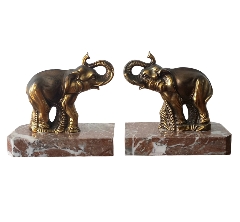 Serre-livres éléphants vintage, éléphants couleur bronze sur socles en marbre