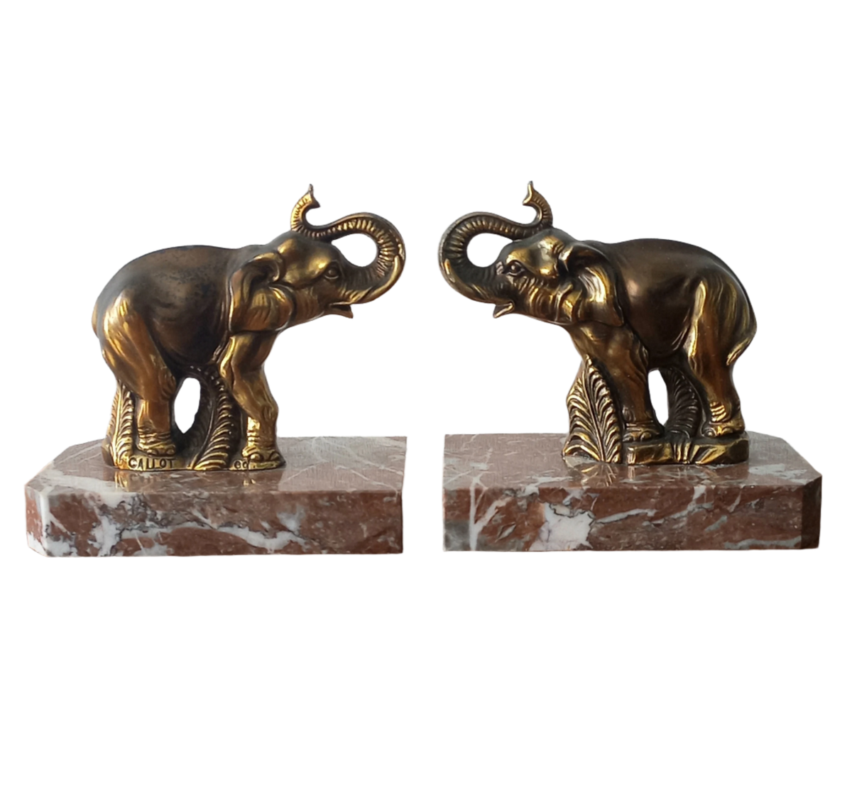 Serre-livres éléphants vintage, éléphants couleur bronze sur socles en marbre