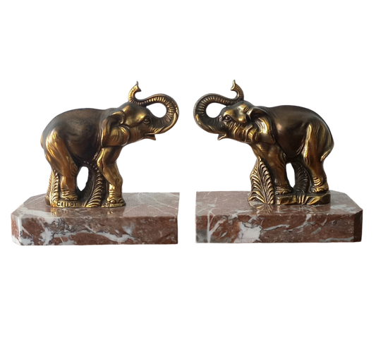 Vintage Elephant Bookends, Bronze Colour Elephants On Marble Bases