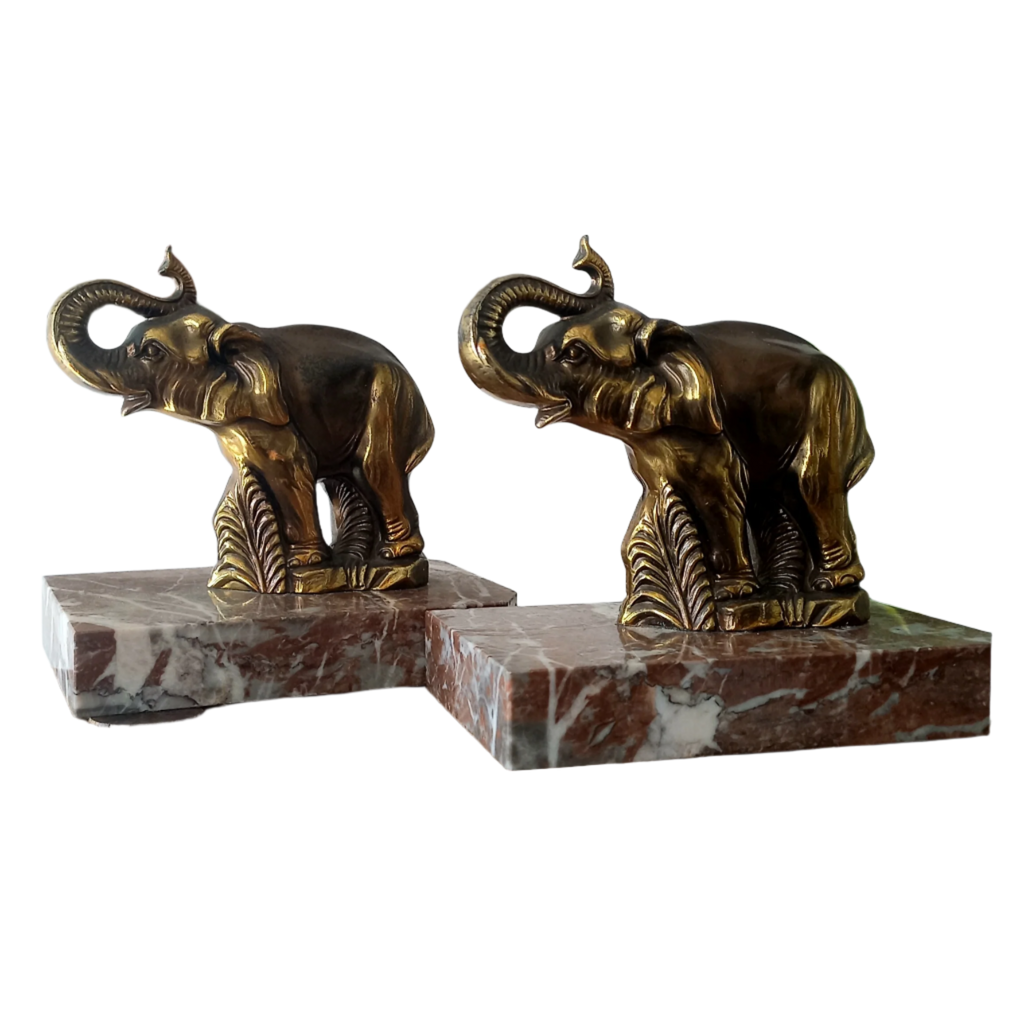 Serre-livres éléphants vintage, éléphants couleur bronze sur socles en marbre