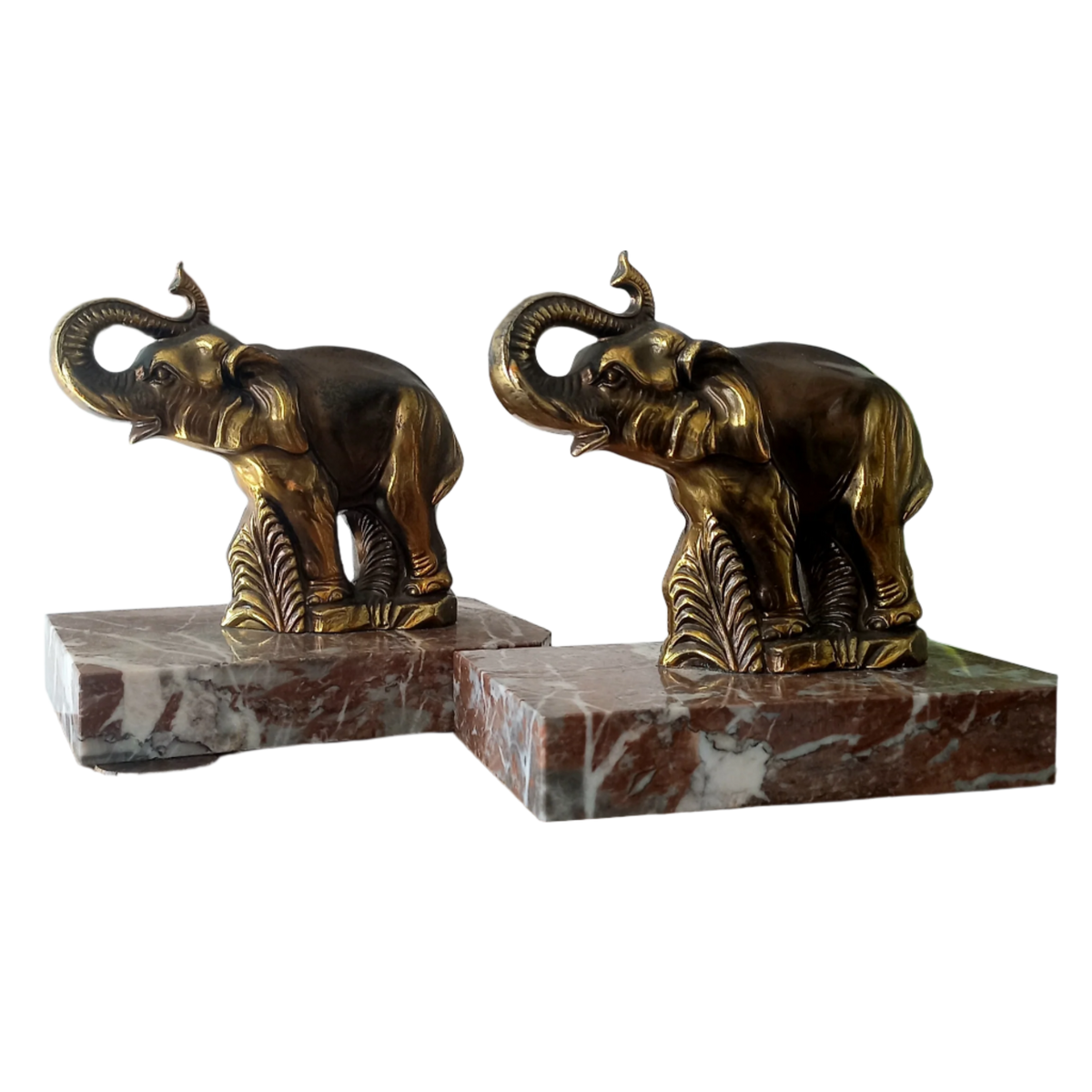 Serre-livres éléphants vintage, éléphants couleur bronze sur socles en marbre