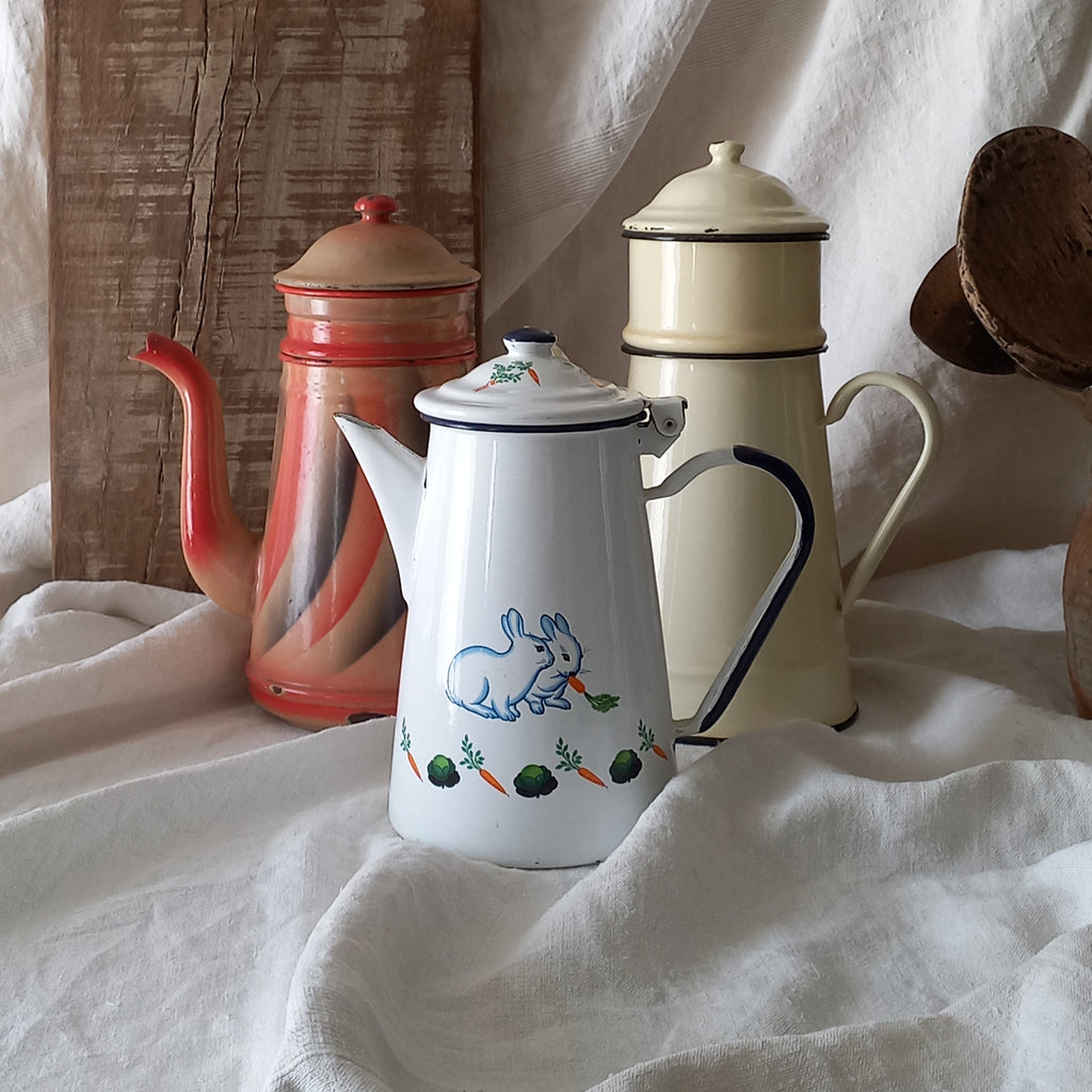 An instant collection of 3 x French fabulous vintage metal/enamel coffeepots in varying conditions and colours. These lovely old pots make great kitchen decor, especially in those of a rustic, country or farmhouse nature.