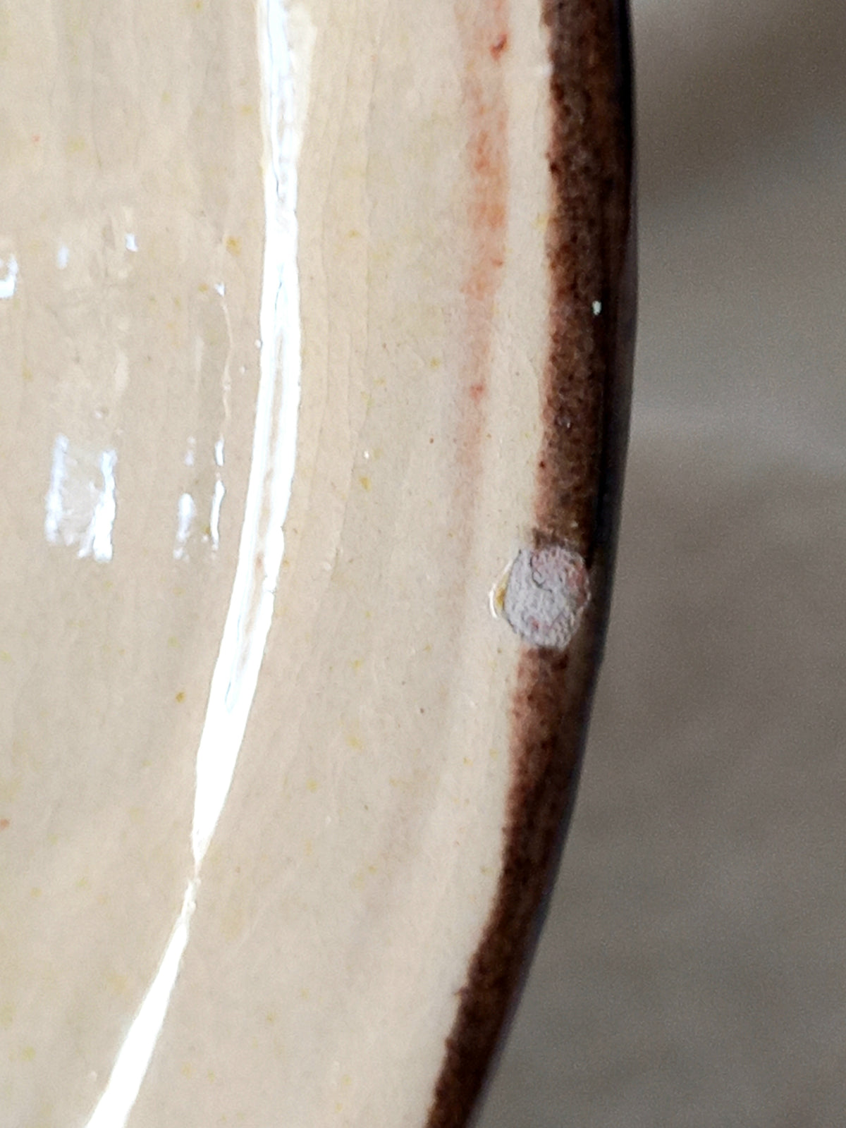 Close-up of a ceramic plate or dish edge showing a glossy off-white glaze with a dark brown rim and a small light gray circular defect.